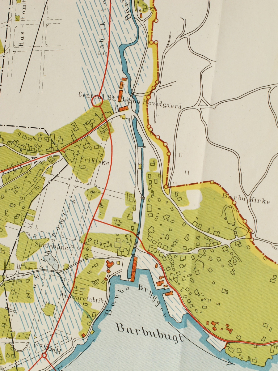 Kart over Barbu og Langsæ. Eiendomskart 1:4000. Viser bl.a. bygrensen før 1902. 