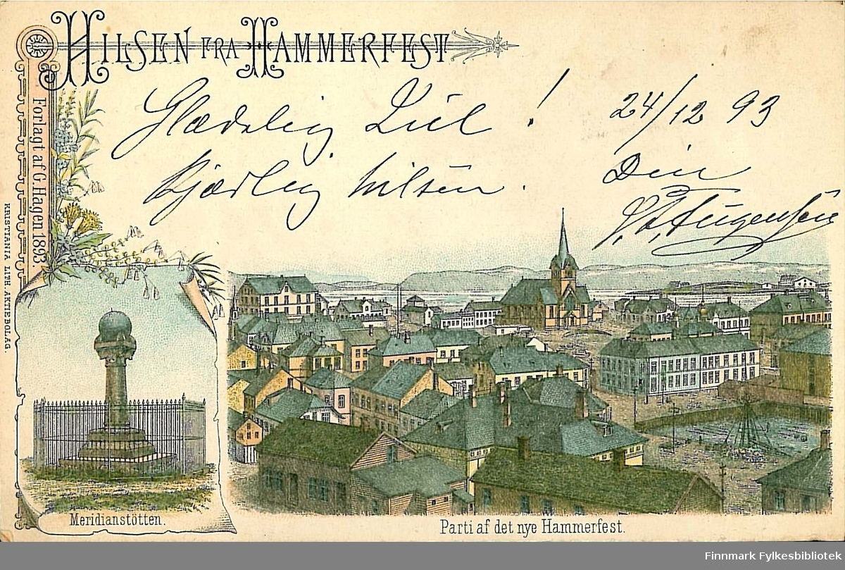 Postkort med motiv av et gjenreist Hammerfest etter bybrannen i 1890. Kortet er en julehilsen til Arthur Buck i Øksfjord, sendt/levert julaften 1893.