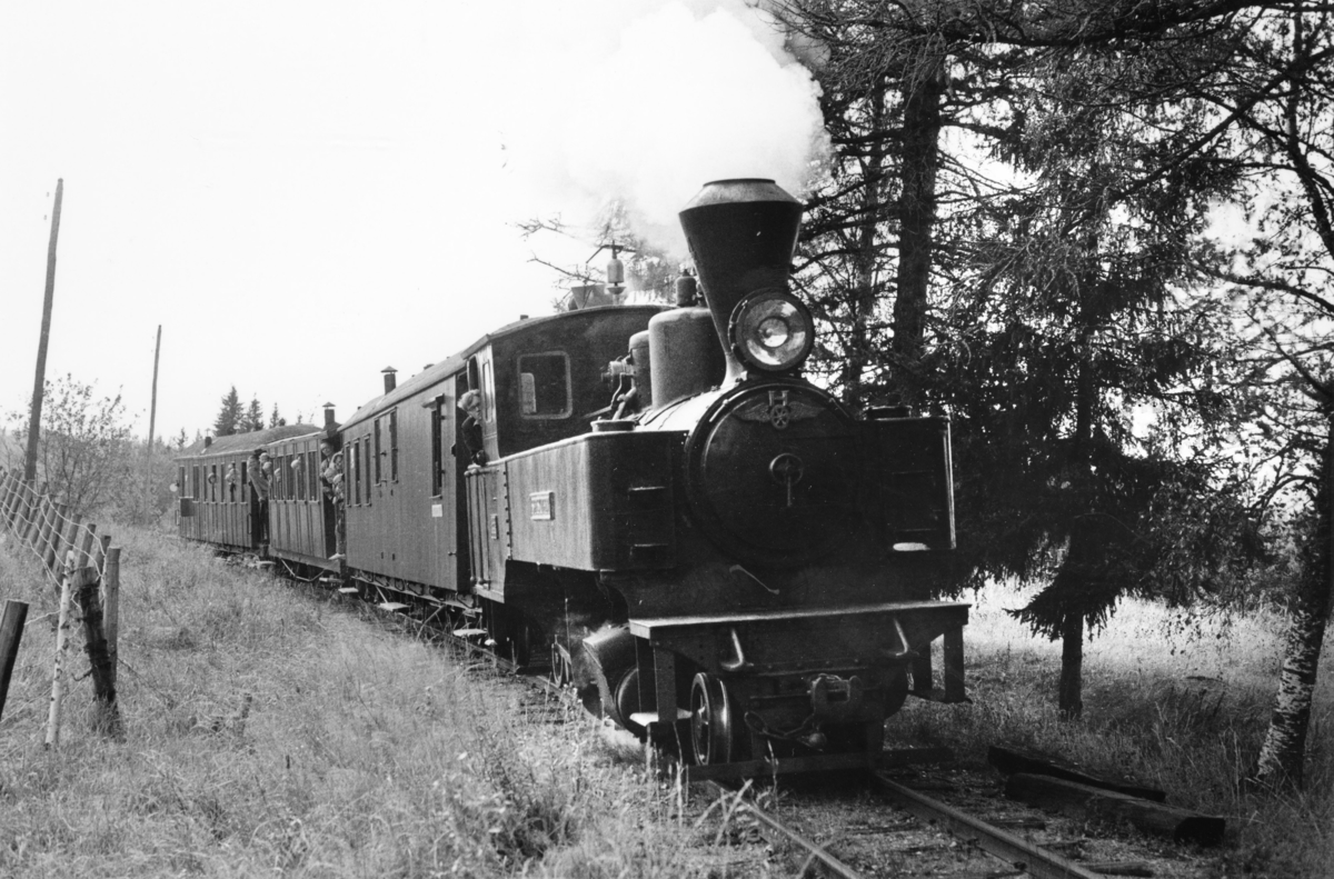 Museumstog Sørumsand-Fossum passerer Fjeldvang. Damplok 4 Setskogen.