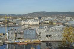 Utsikt fra Ekeberg, havn, fjord, panorama, Bjørvika, Barcode