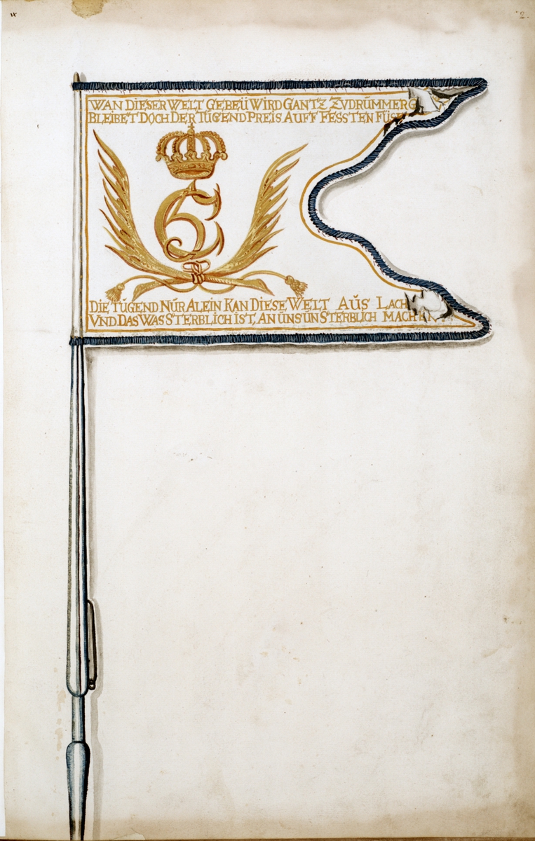 Avbildning i gouache föreställande fälttecken taget som trofé av svenska armén. Den avbildade dragonfanan finns bevarad i Armémuseums samling, för mer information, se relaterade objekt.