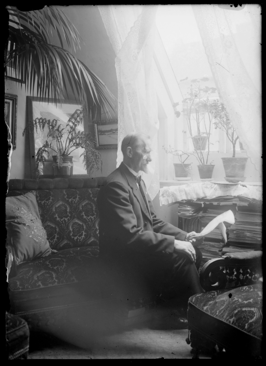 Andreas Lie hjemme i stua hos Grasmo. Han sitter ved vinduet. På vinduskarmen står fem potteplanter. Gardiner på vinduet.