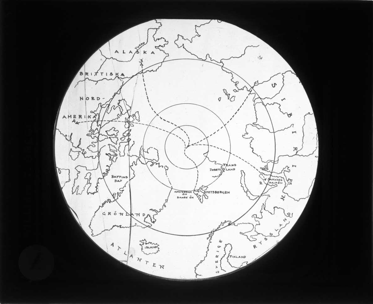 Karta över norra polarområdet med tänkbara ruttter för S A Andrées Polarexpedition.