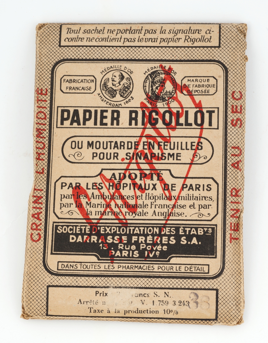 Pakning med sennepspapir, rektangulær, flat,  med teksten trykket på begge sider av papiret.