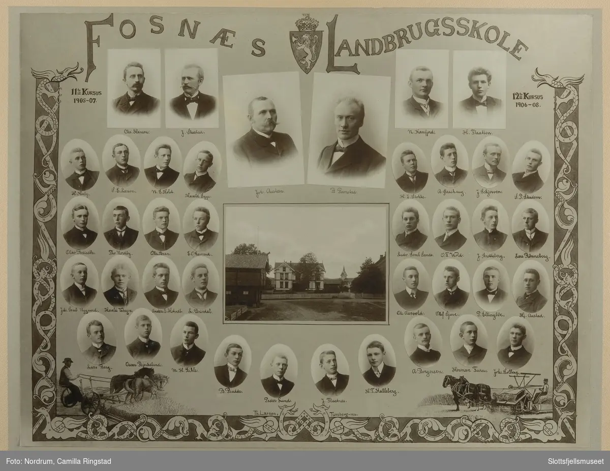 Montasjen viser bilde av to elevkull ved Fosnæs landbrugsskole (1905-1907 og 1906-1908). I glass og ramme