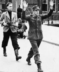 Milorgsoldat med gevær fører overgitt nazistisk soldat gjenn