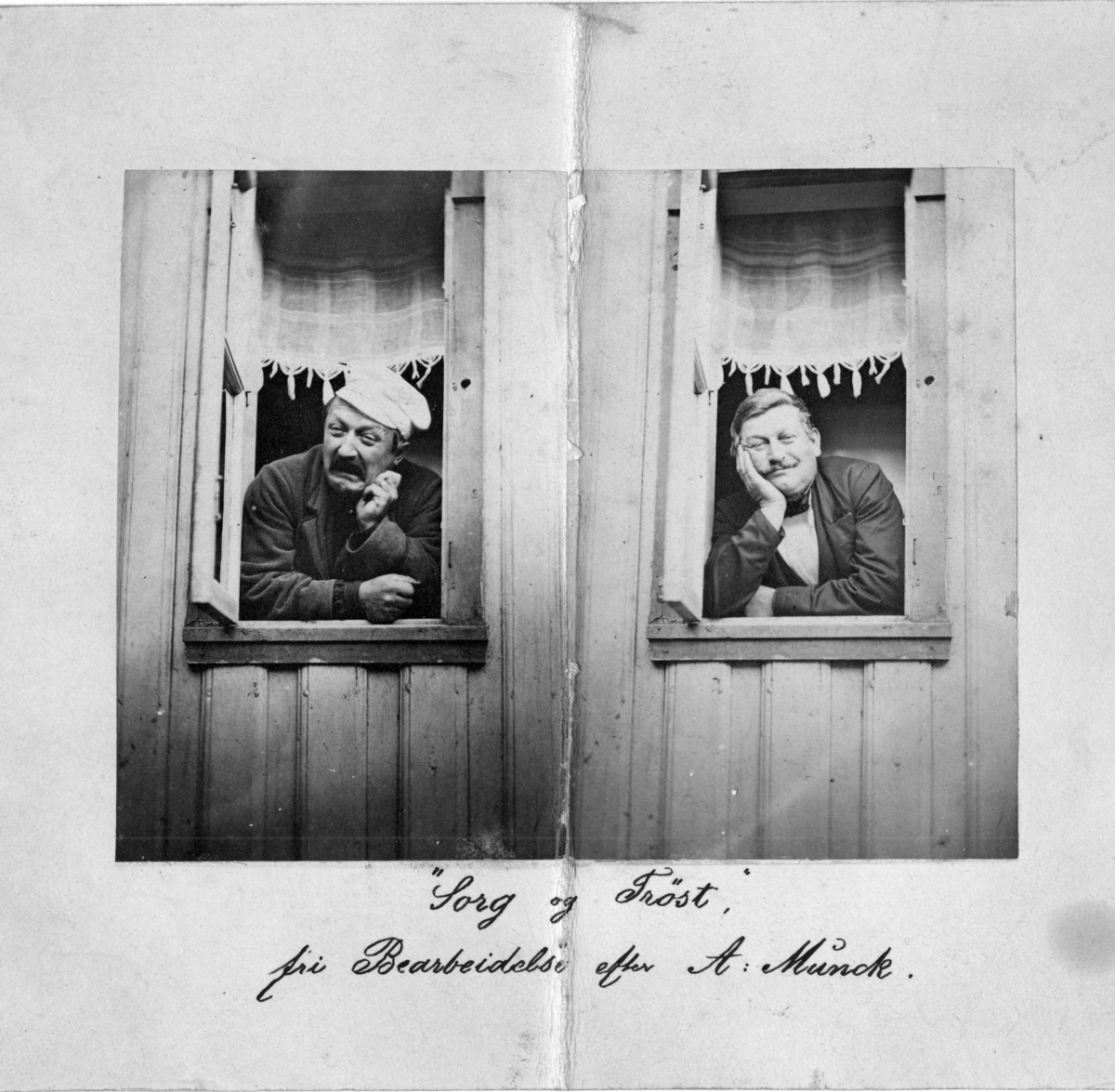 Ssammensatt, humoristisk motiv: to menn i et vindu, den ene trist, den andre glad.