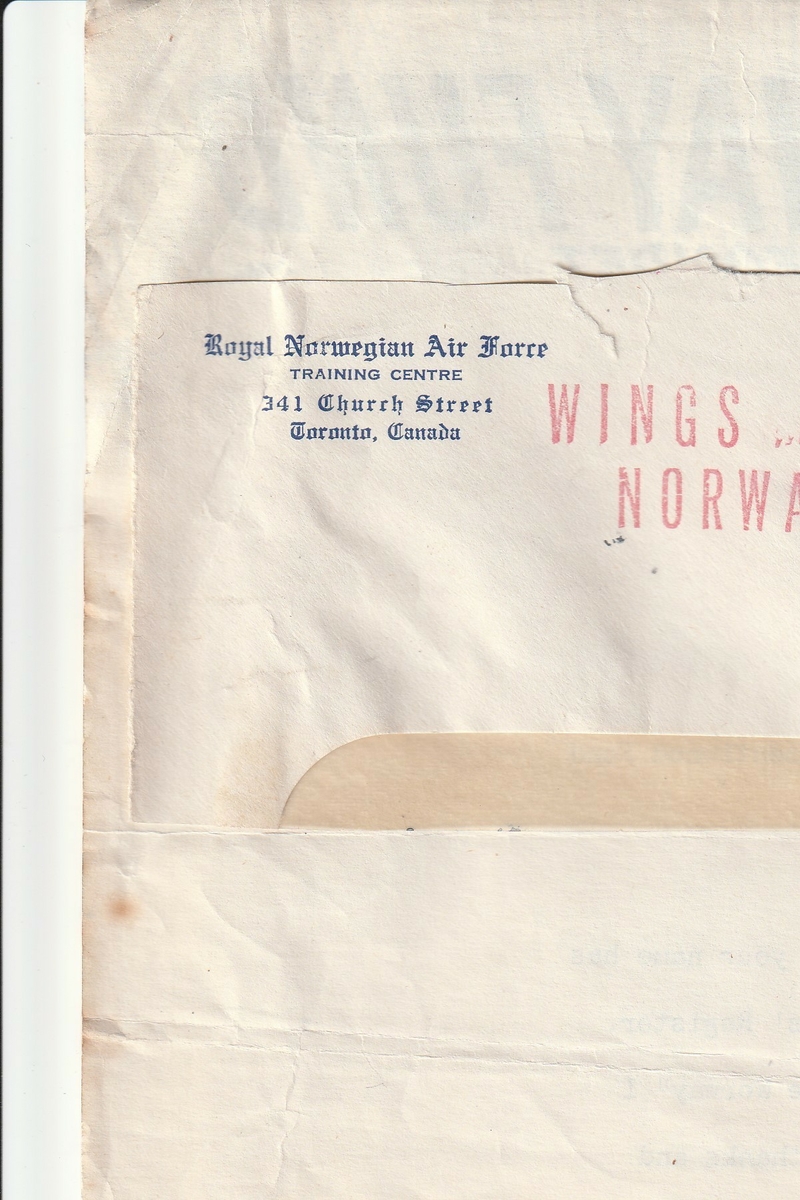 A4 ark med "Little Norway Fund" logo på toppen.På baksiden del av konvolutt som brevet var sendt i, stemplet 27 april 1944 i Toronto.