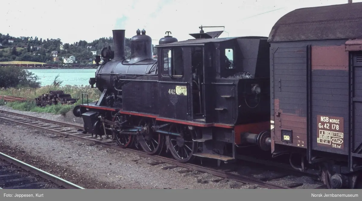 Damplokomotiv type 23b nr. 442 med godstog til Trondheim på Vikhammer stasjon. I bakgrunnen nordgående godstog ved Saksvik holdeplass