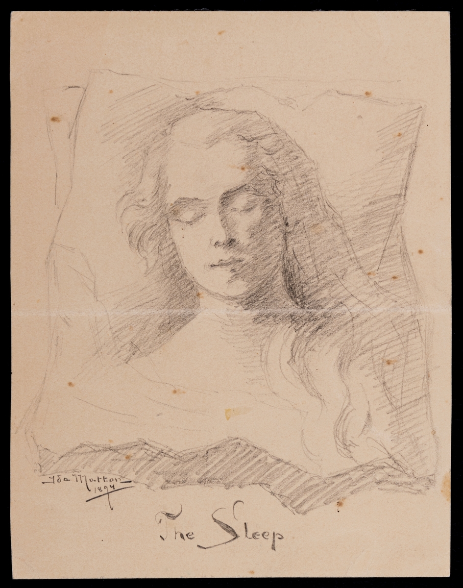 Teckning av sovande kvinna, vilande mot en kudde. På baksidan skrivet med tusch: Ida Matton, 50 Avenue d´Séna, Paris. The Royal Aademy of Arts 1894. Med blyerts: 1480 Sleep.
