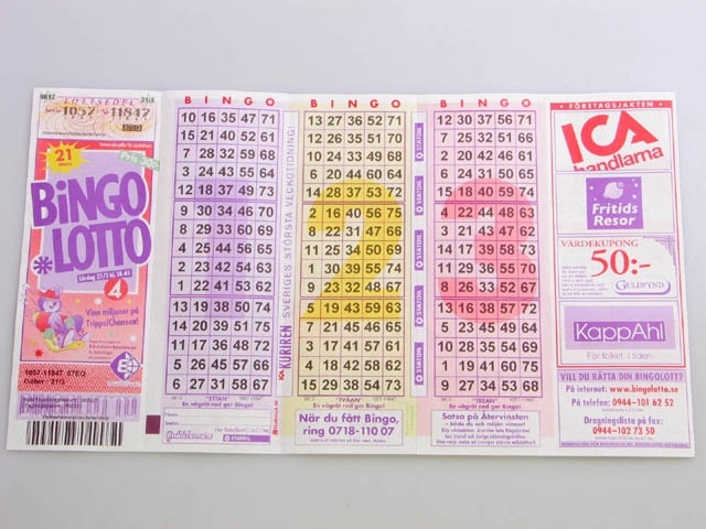 En bingobricka från det populära tv-prommaget Bingolotto. Lotten är vikt och består av tre olika spelplaner, den visar även de företag som är med och sponsrar Bingolotto. Ett typiskt 1990-talsföremål. Lotten har varit med på utställningen Öppet Pga Inventering på Landskrona Museum.
