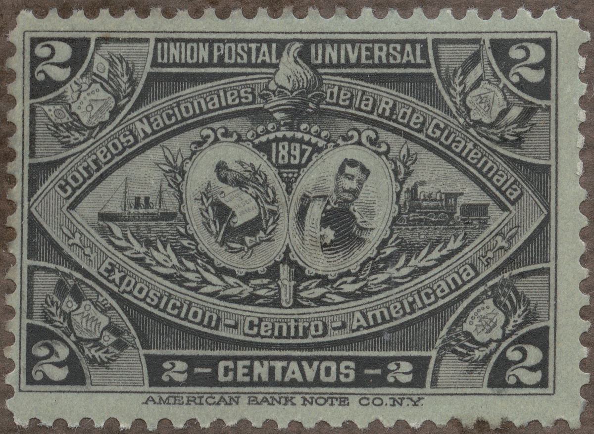Frimärken ur Gösta Bodmans filatelistiska motivsamling, påbörjad 1950. Frimärke från Guatemala, 1897. Motiv av Fartyg och lokomotiv i Guatemala -Guatemalas vapen. - Pres. J.M.Reyna Barrios "-Centralamerikansk utställning 1897."