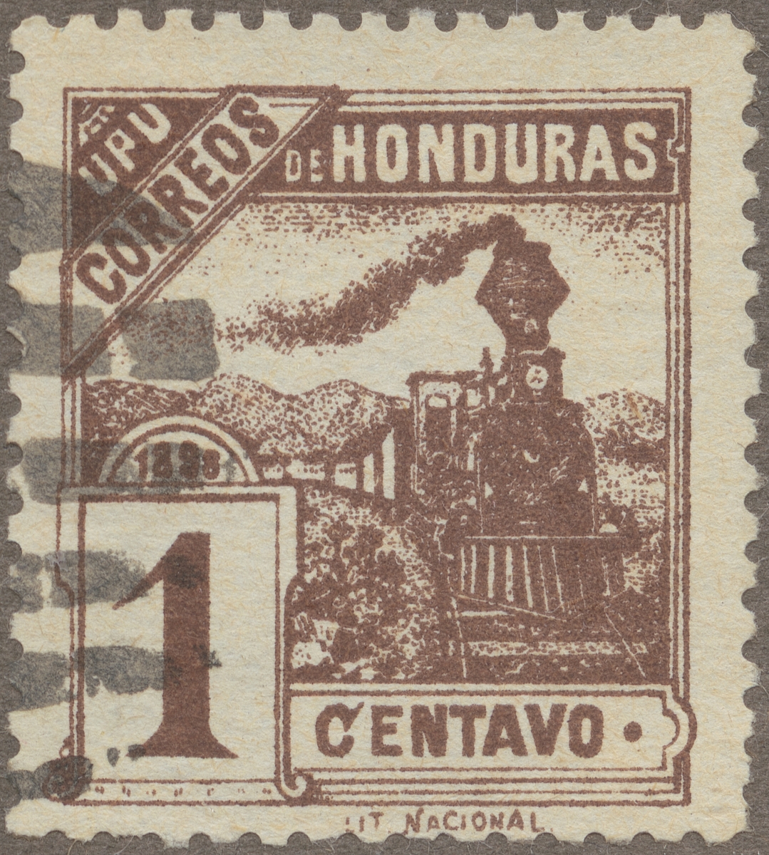 Frimärken ur Gösta Bodmans filatelistiska motivsamling, påbörjad 1950.

Enligt påskrift:
Ånglokomotiv i Honduras, Centralamerika: 1898.
Honduras 1898.