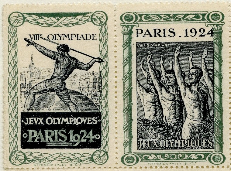 10 klistremerker fra sommer-OL i Paris 1924, to ulike motiv og fem merker av hvert motiv. Det ene motivet viser en spydkaster med siluett fra Paris i bakgrunnen, det andre viser flere atleter som rekker armen opp i en hilsen.