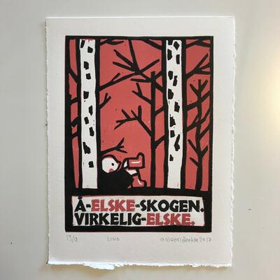 Å elske skogen, Andreas Brekke, Lino/boktrykk, 20x25,5cm kr 1400,- (Foto/Photo)