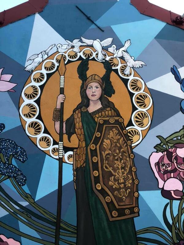 The new mural of Kirsten Flagstad as Brünhilde in the garden at Kirsten Flagstad museum