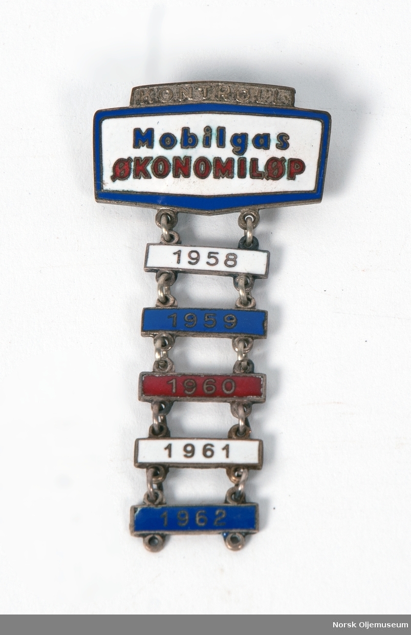 Metallskilt  fra Mobil's økonomiløp med ordene "kontroll", "Mobilgas" og "Økonomiløp" påført. Det er også en lenke med mindre skilt påført årstallene 1958, 1959, 1960 og 1961 festet på skiltet