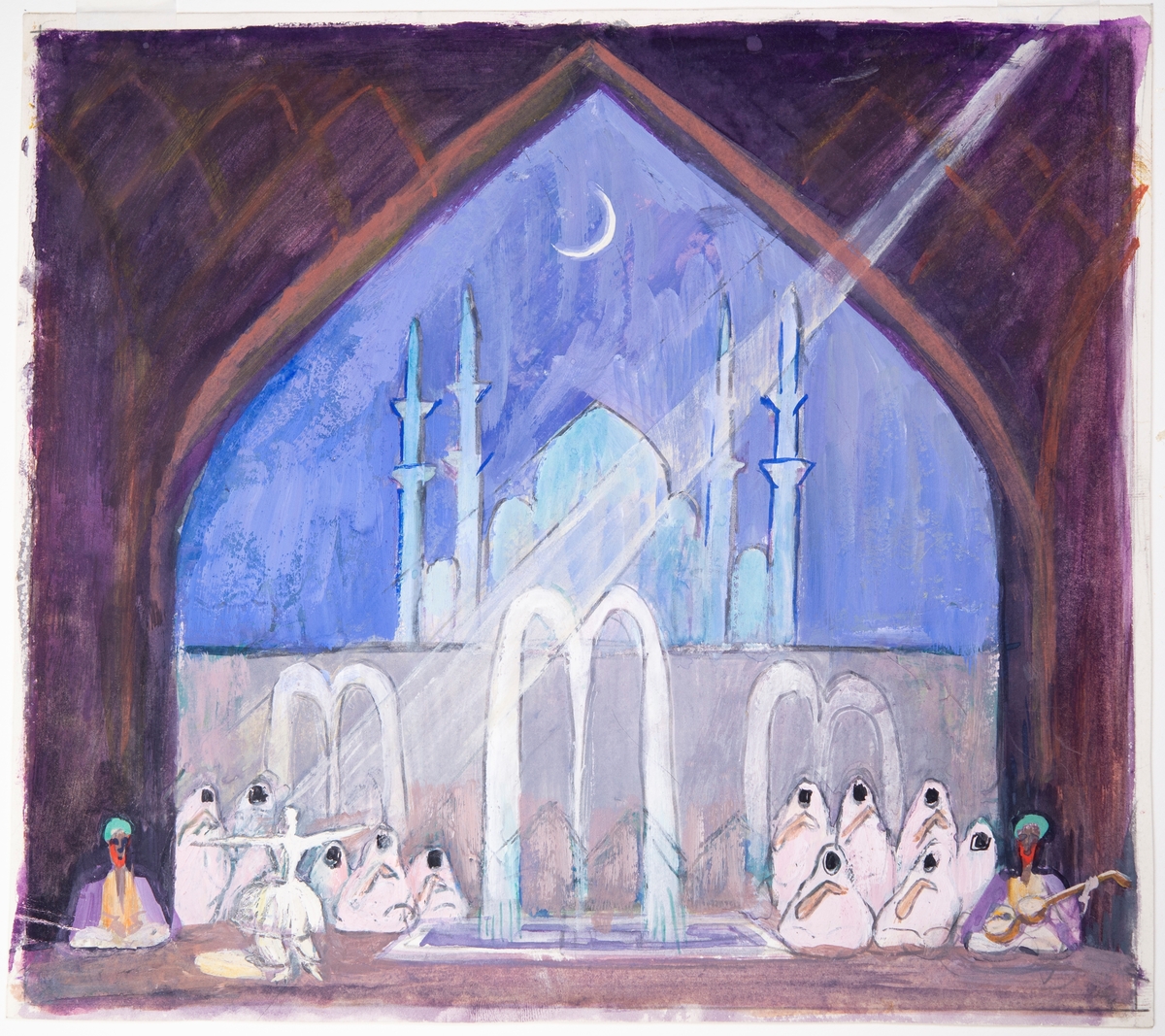 Kan vara skiss till ett sceneri för en teaterscen, formen på kulissen och ljuset från strålkastaren påminner om Grosvalds skildringar av basarer och hamam. Personen till vänster dansar en dans karaktäristisk för sufismen.