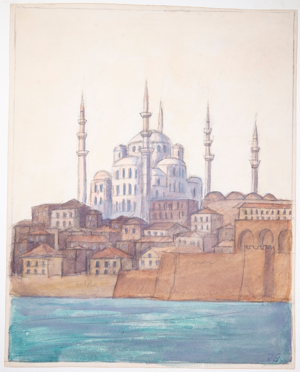 Hagia Sofia i Konstantinopel, Turkiet, sett från vattnet. På baksidan av målningen står att den är målad från lasaretts fartyg maj 1919. Se bilaga för exakt översättning av uppgifterna på baksidan.