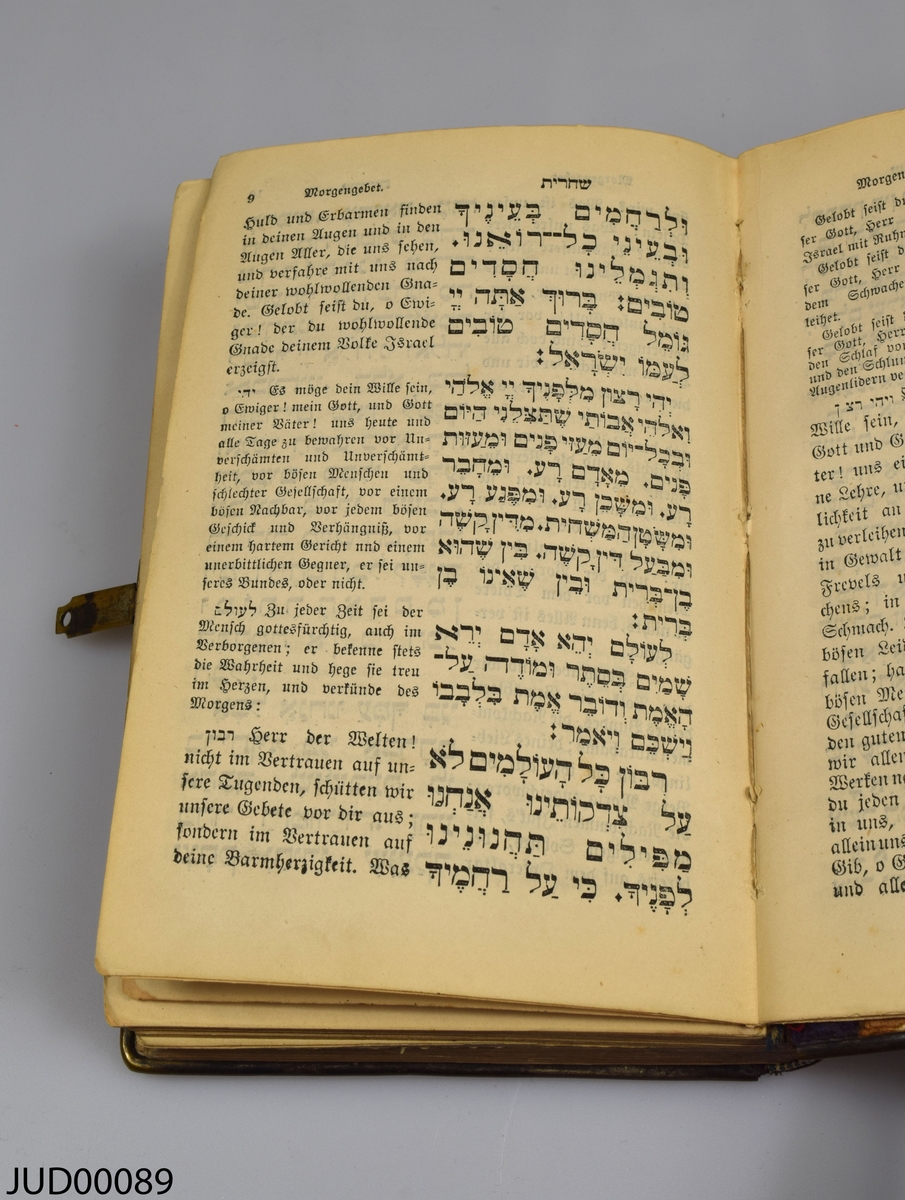 Siddur med hårt benvitt omslag dekorerat med detaljer av mässing och elfenben. Boken är skriven på tyska och hebreiska. Tryckt i Budapest 1883.