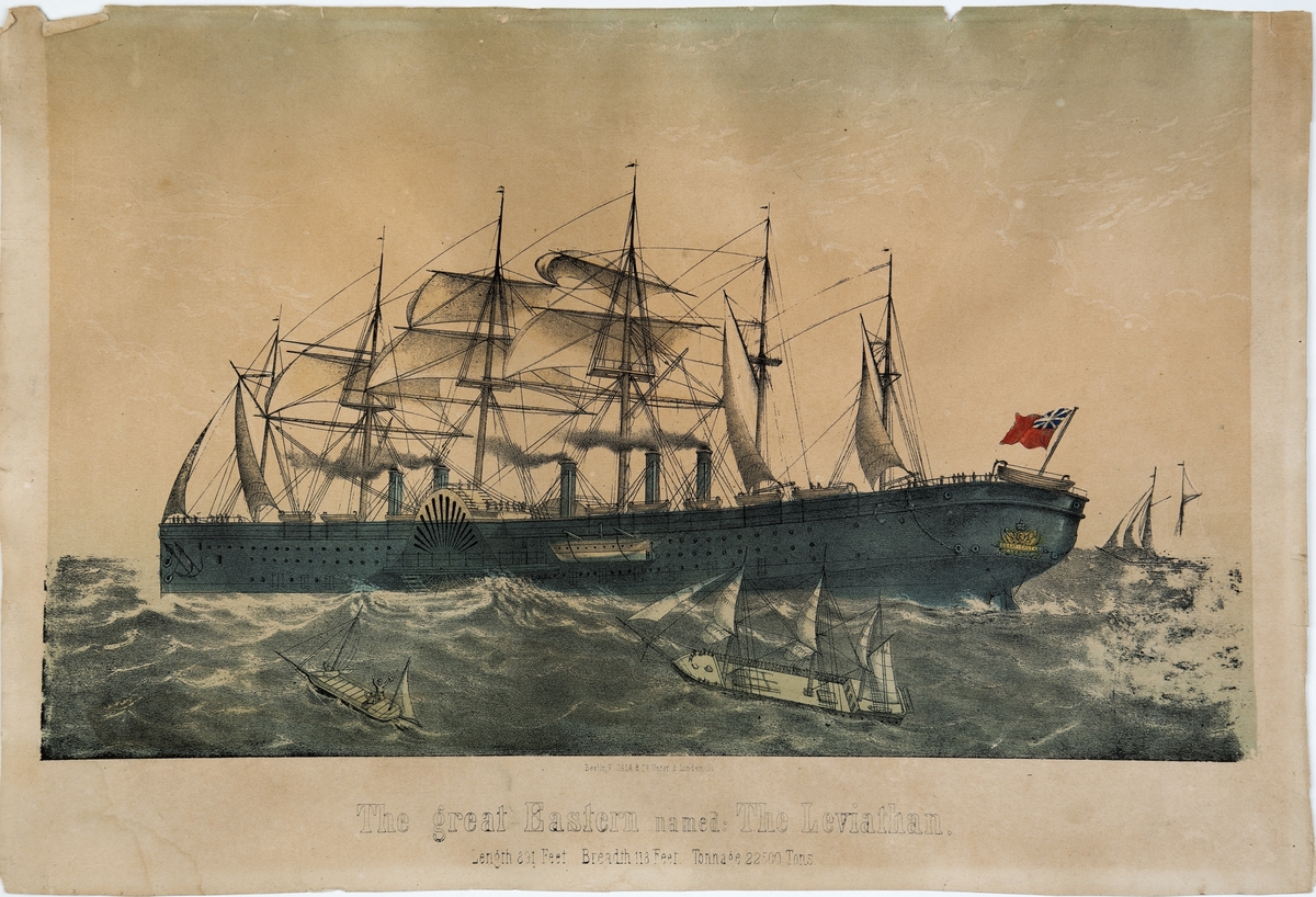 'The great Eastern named Leviathan'. Bilde av skipet og tre mindre fartøyer