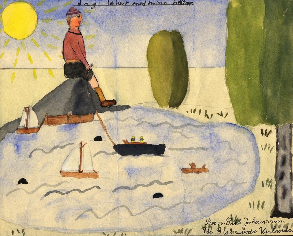 Barnteckning - akvarell.
"Våra lekar", 1945. 
Jag leker med mina båtar.

Sven-Erik Johansson, Vislanda, 9 år. 

Inskrivet i huvudbok 1947.