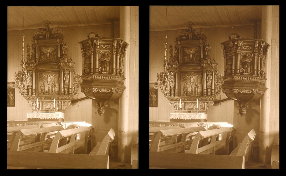 Altertavle og prekestol. Oppdal kirke. Tilhører Arkitekt Hans Grendahls samling av stereobilder.