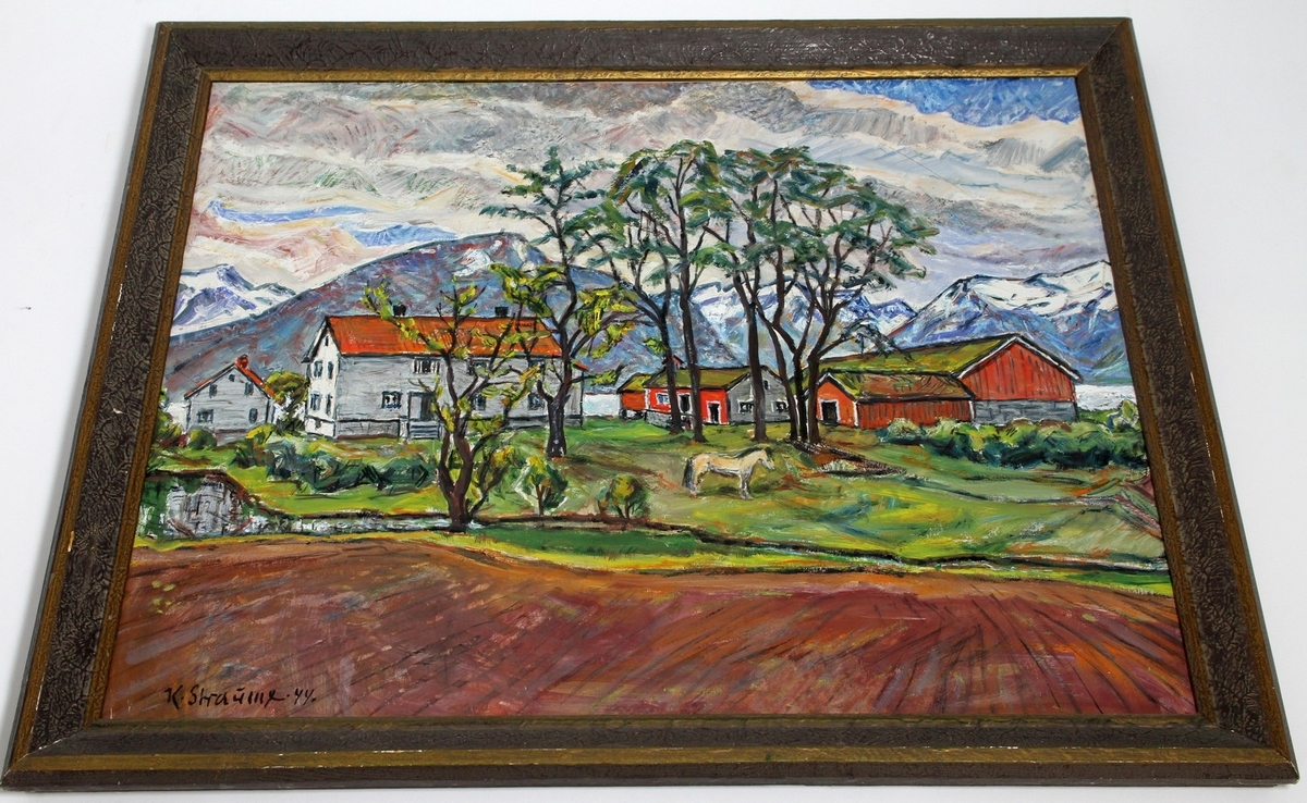 Oljemåleri av Karl Straume (1877-1968) frå 1944. Motivet er Aarflot-garden på Nedre Ekset i Volda, fødestaden til Sivert Aarflot. Kunstverket er innramma.
