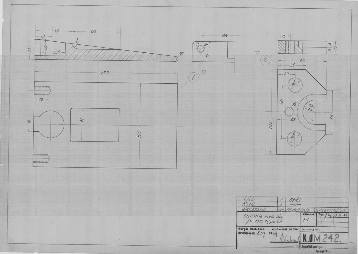 Arbeidstegning på kalkerpapir av stillkile med lås for lok type 63 (original)
KdM 242
Kristiansand 9/9-44
Format A3