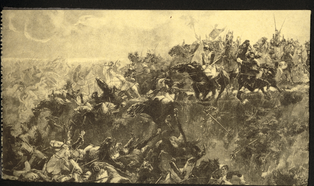 Maleri av et slag ved Waterloo i 1815. Franske kyrasser til hest går til angrep, men styrter ned i en dyp grøft. Fotografi eller postkort kjøpt under en rundreise i Europa i 1922.
