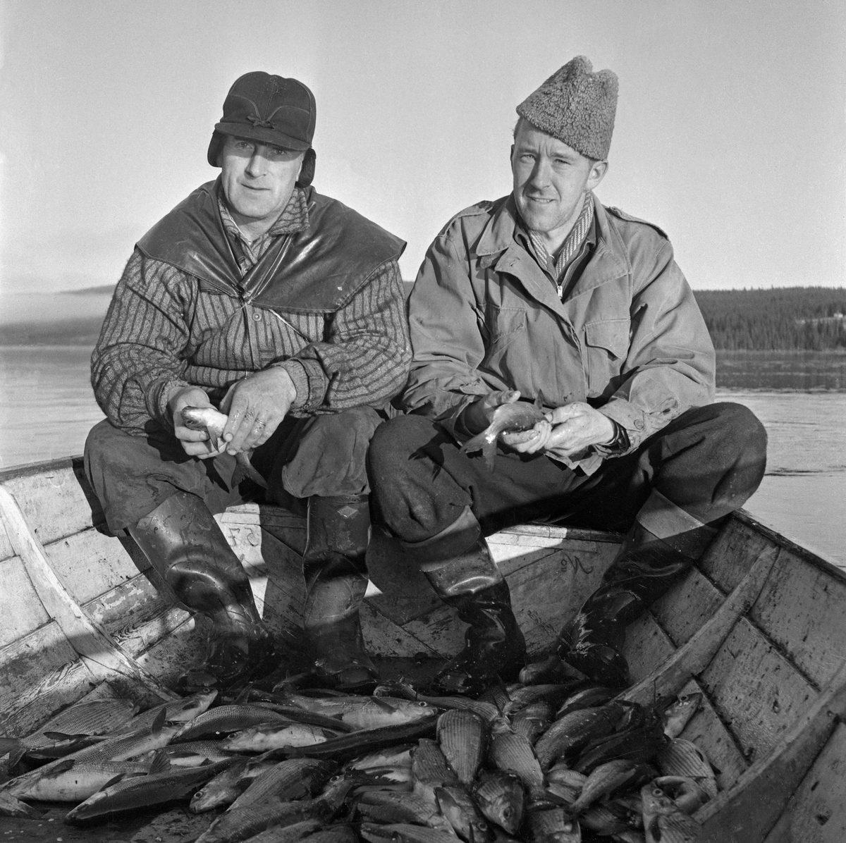 Sikfiske i Osensjøen, Hedmark. Garnfiske etter sik fra båt, to menn i båten. Bildet er trolig tatt sent på 1960-tallet eller tidlig på 1970-tallet.