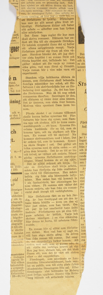 Tidningsklipp, rubrik "Författaren strävar efter det ouppnåeliga." Ur Sydsvenska dagbladet, onsdagen den 24 januari 1934.