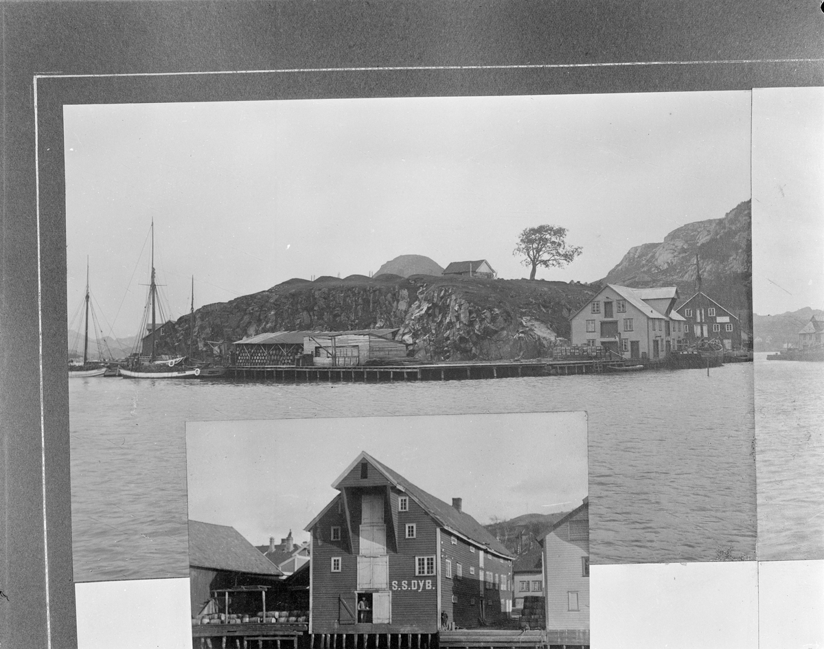 Lindøya med Lindøy batteri over sjøhus og brygger.