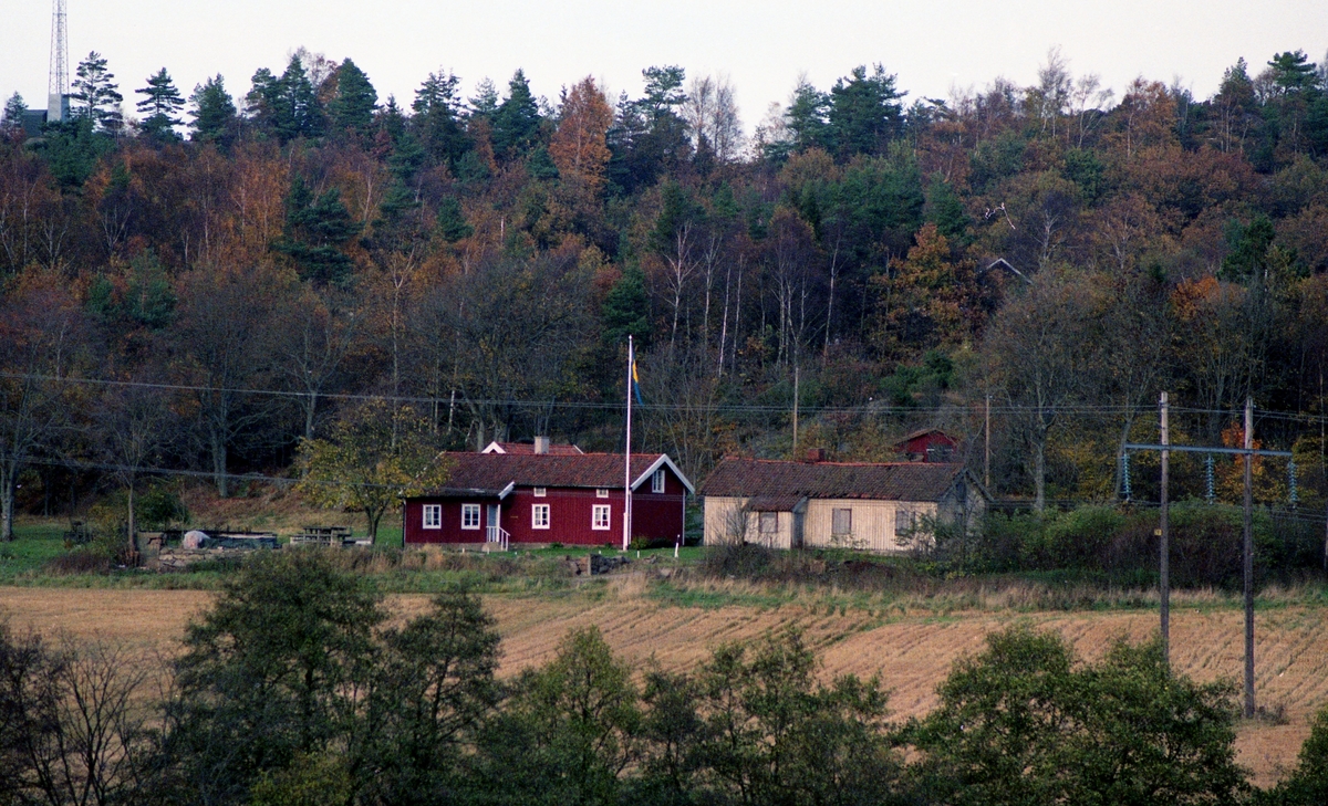 Gårdarna i Långåker, fotograferade med teleobjektiv från Labackaåsen cirka 1985 - 1990. Till vänster Hembygdsgården Långåker 1:3 och till höger Långåker 1:2 "Davids", "Derras". Bilden var tänkt som förlaga till vykort men genomfördes aldrig.