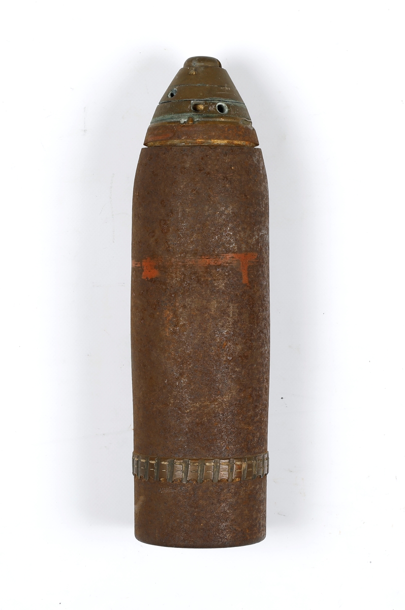 Artillerigranat med tidsinnstilling/tempering. Kaliber 75 mm for Rheinische feltkanon M/1901. Norskprodusert.