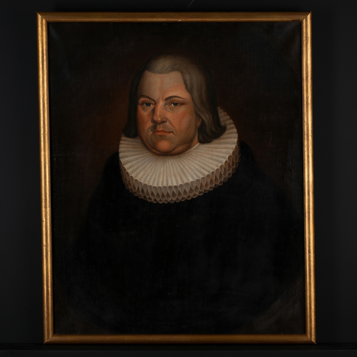 Oljemaleri i forgylt ramme. Portrett av sogneprest Thomas Rosing (1665-1723).