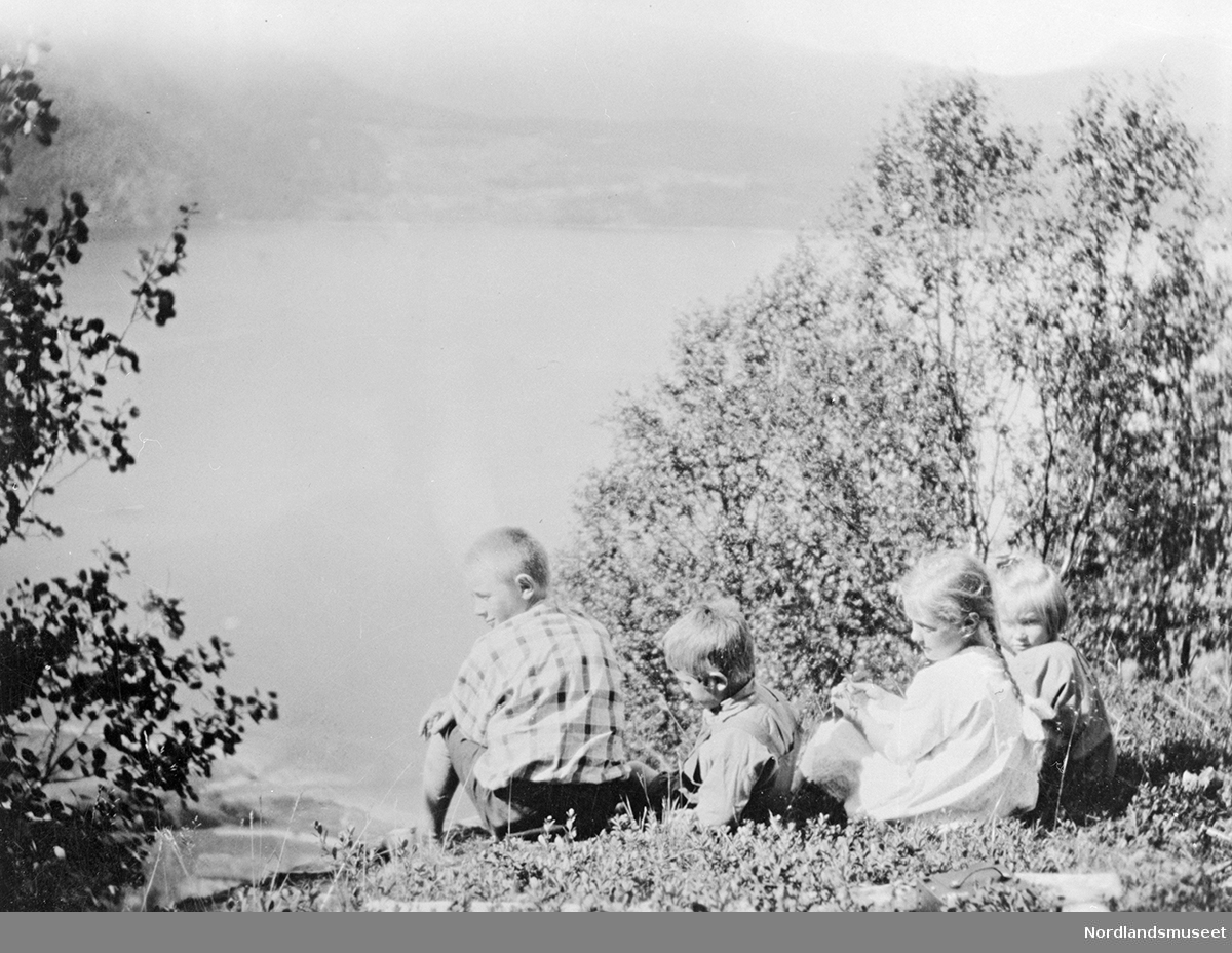 Portrett. Alle barna til Ole og Helga Vatten, på et høydedrag med fjorden nedenfor. Fjell med noe bebyggelse i bakgrunnen, busker og trær rundt.