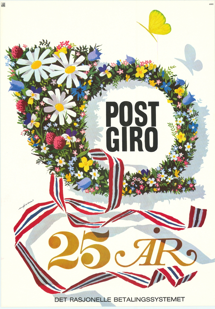 Motiv som viser Postgiros logomerke pyntet med blomster og tekst 25 år.