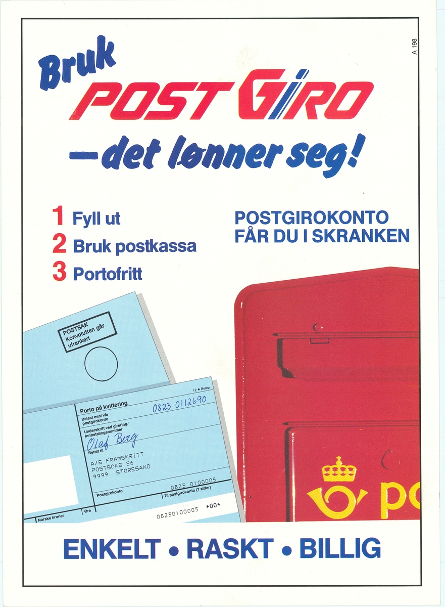 Plakat med motiv av postkasse, blanketter og tekst på hvit bunnfarge.