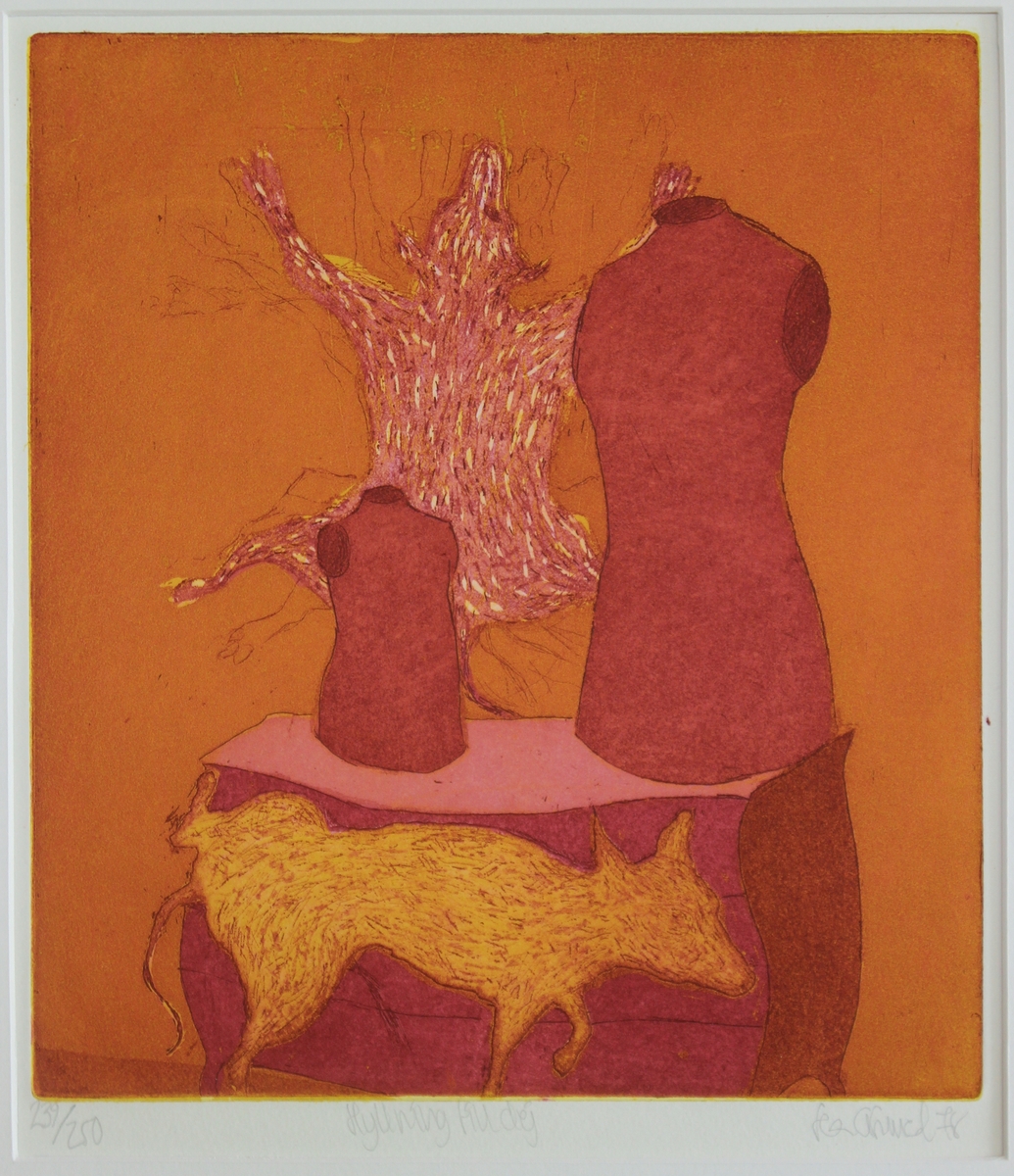 Bilden "Hyllning till dej" är en flerfärgsetsning på två plåtar utförda i blandteknik. Upplagan tryckt av konstnären med Typ och romans koppartrycksfärg på Hahnemühlepapper.