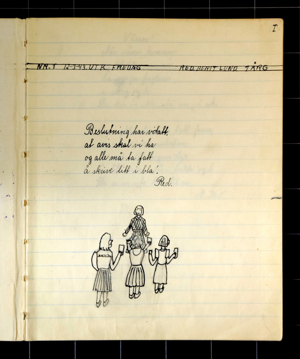 Teksten er håndskrevet, og skrevet av jenter i 5. og 6. klasse ved Holmen skole i perioden 1943 - 1945.