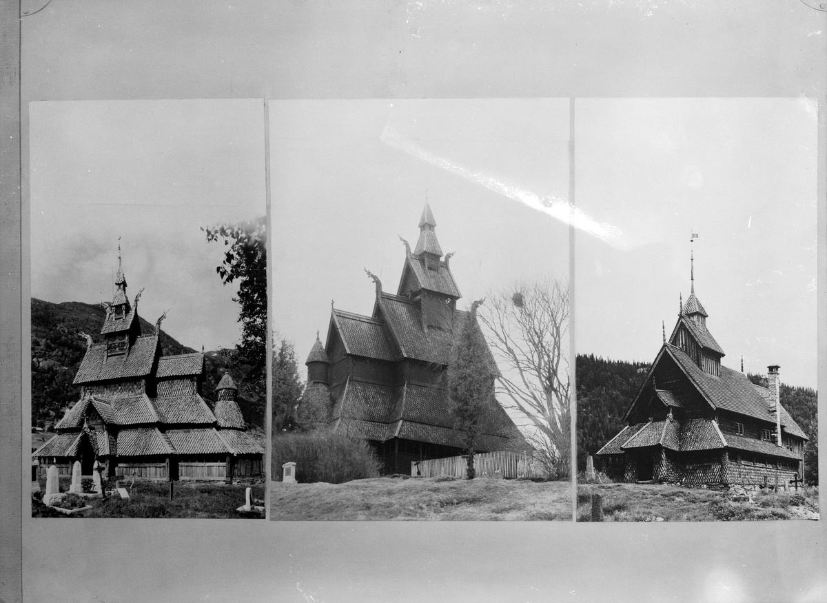 Fotomontasje av Hopperstad, Borgund og Eidsborg stavkirker.