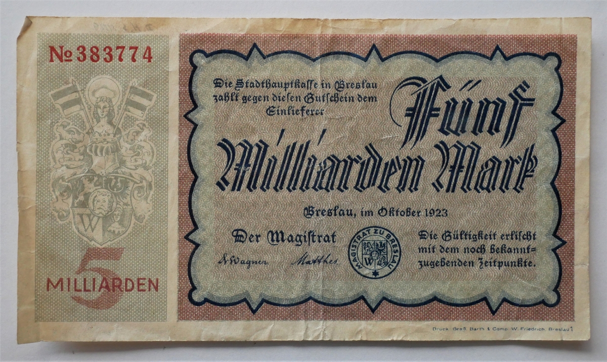 10 Schlesiske pengesedler (11115 - 11124).

11119 - 5 milliarder mark - Breslau im Oktober 1923.

Gave fra frk Hedvig Kobel, Kristiania. 