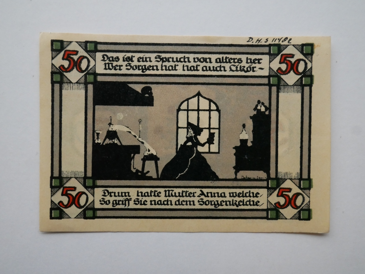 2 tyske Notgeldsedler (11481 - 82).

11482 - Notgeld 50 Pf. Annaburg Des Halb(?) August             1921, nr. 02690 C.

Gave fra kunstmaler Rolf Fleischer, Luster.