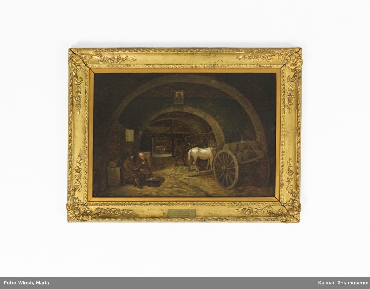 Motivet föreställer ett italienskt gårdsmotiv med valv, vagnar, hästar, åsnor och två personer som sitter vid ett fyrfat.