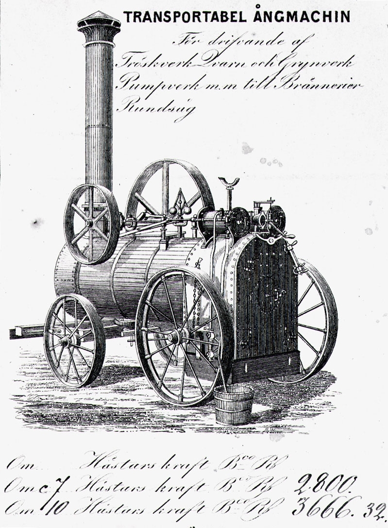 Lokomobil/ångmaskin avbildad på katalog för Eskilstuna Mekaniska Werkstad omkring 1855. Fotografi efter strecklitografi. Illustrationen kan vara hämtad från den engelska tillverkarn Claytons trycksaker från 1851.