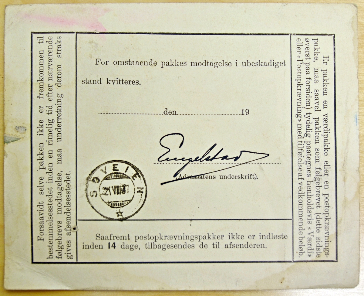 Følgebrev fra Wilhelm Jordan, Christiania til Salangen Gruver, Storøen, Søveien.