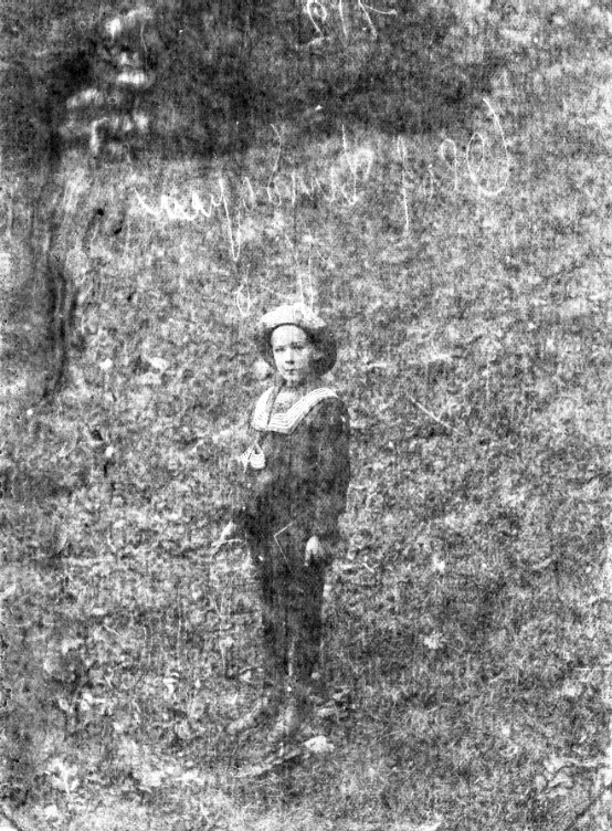 Porträtt av en pojke som står på en gräsplan. Han håller möjligen en tunn bok i vänster hand.