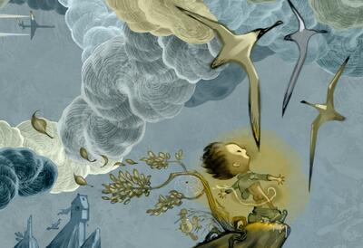 Illustrasjon av Svein Nyhus til boken "Steder å tisse": En gutt står og tisser i friluft, høyt på en klippe med måkene flyvende over seg.. Foto/Photo