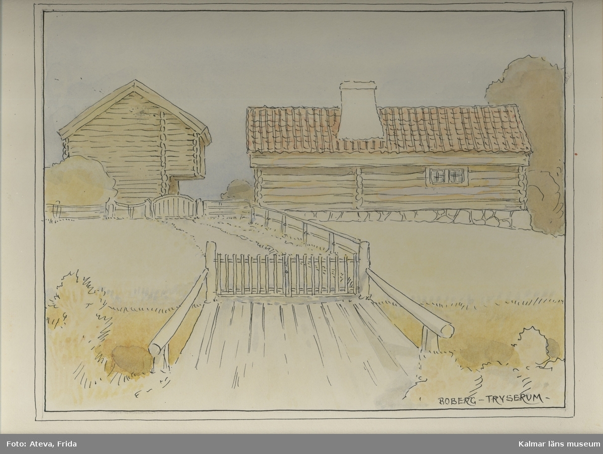 Motivet föreställer en gård med knuttimrad stuga och loftstuga i Tryserum, Tryserums socken.
